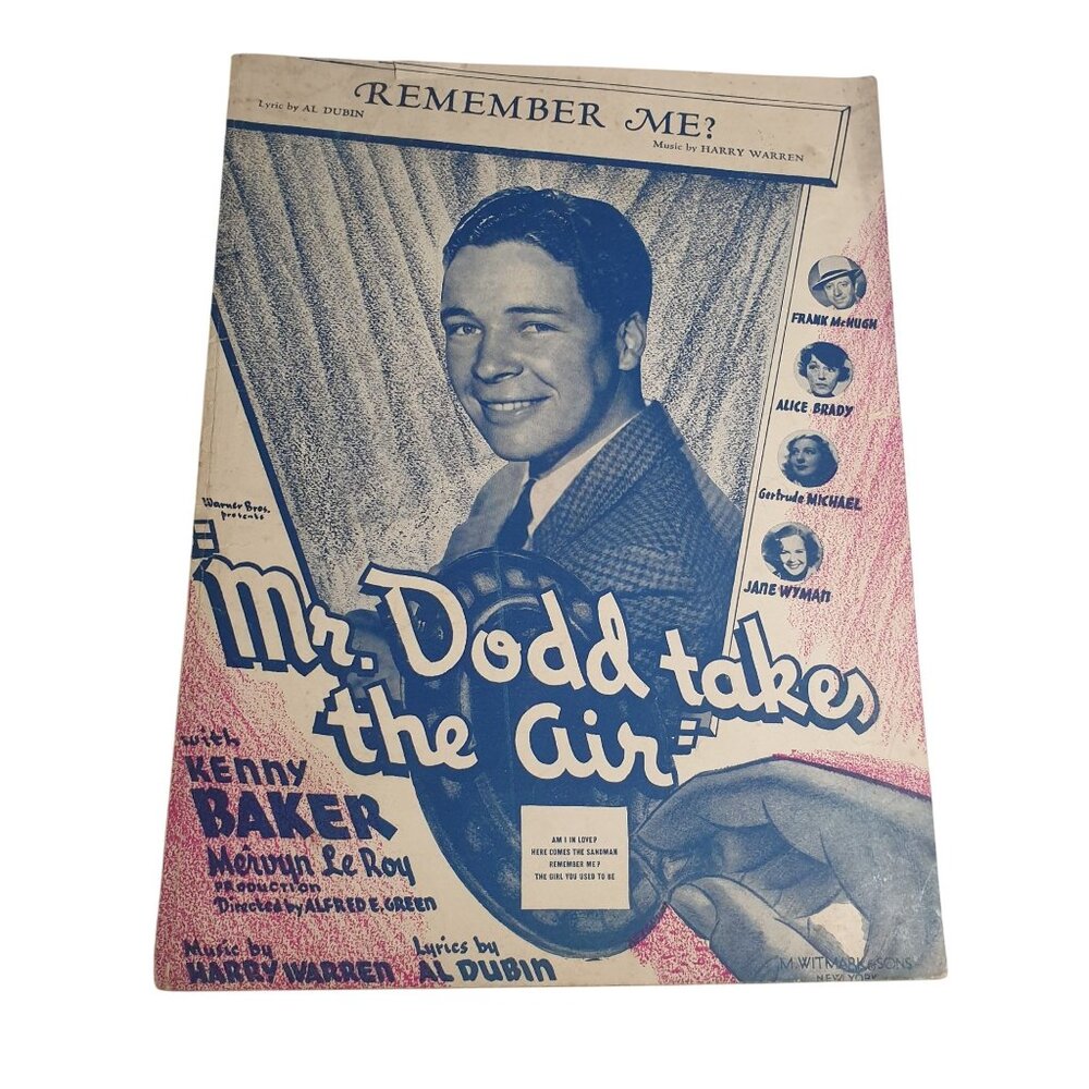 Remember Me Mr Dodd Takes The Air Sheet Music Song Warner Bros 1937 USA Gift